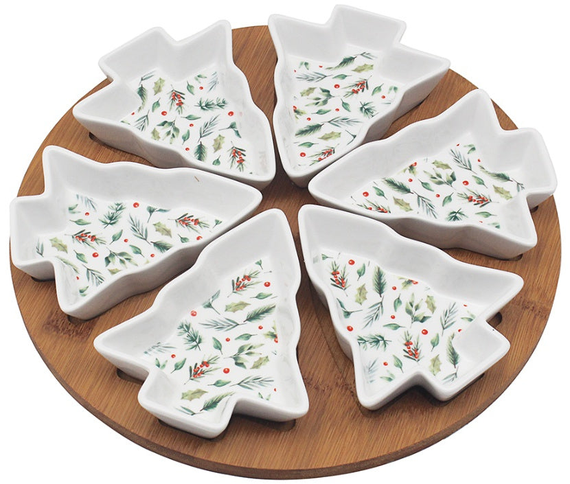 Tree Dishes with Round Bamboo Tray